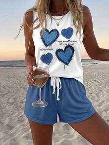 Sylviya 2 件套女士无袖圆领背心和短袖上衣，适合夏季 - 彩色 - 查看 3