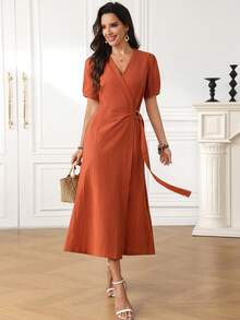Miaspire 女士纯色重叠V领短花瓣袖休闲通勤中长连衣裙 - 橘色 - 查看 6