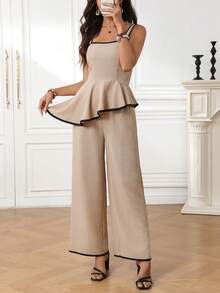 Miaspire 女士度假休闲撞色滚边不对称下摆吊带背心和裤子两件套 - 黑與白 - 查看 5