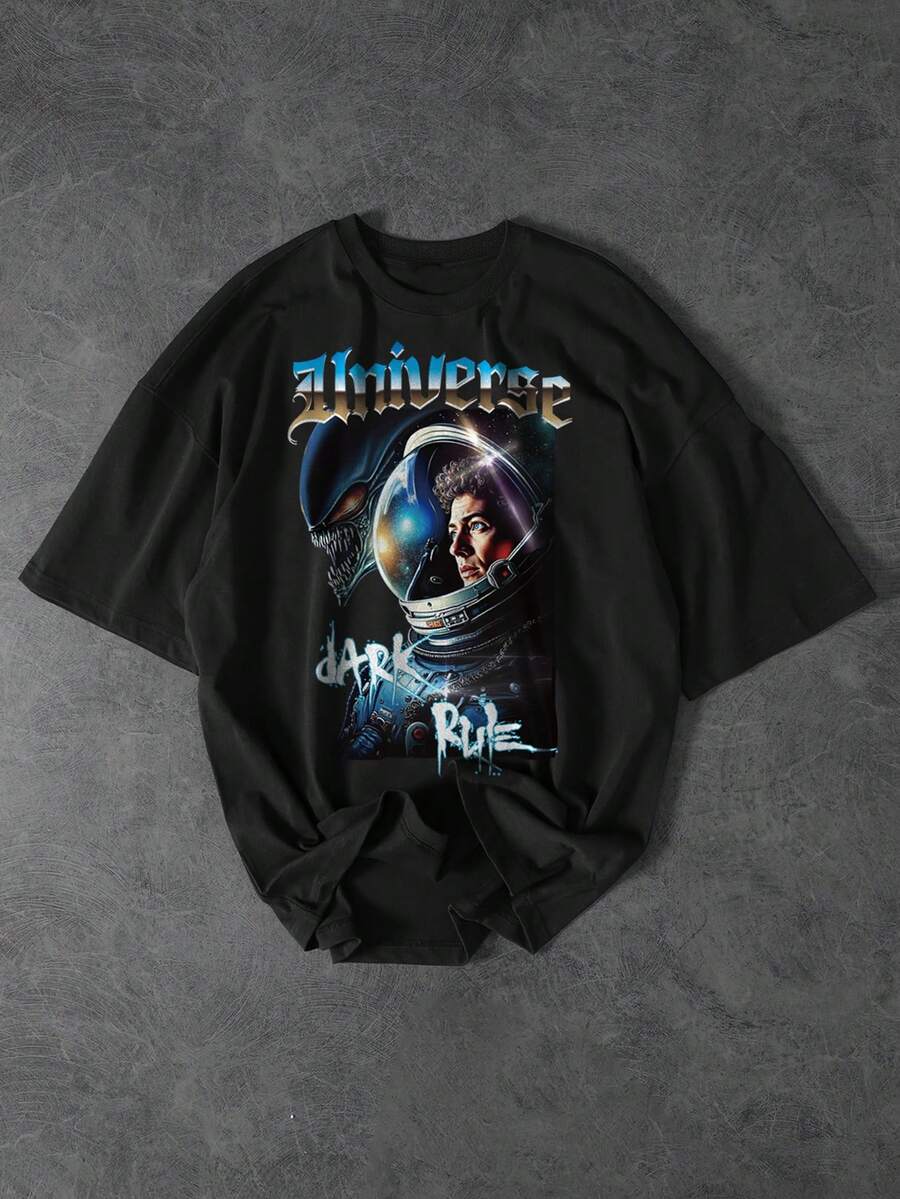 GENIUS ODE 男士休闲圆领短袖宇航员图案T恤，夏季 - 黑色 - 查看 1