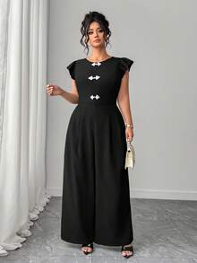 Elenzga Plus Size Women's Elegant Casual Minimalist Round Neck Cap Sleeve Contrast Color Button Waist Long Jumpsuit, Black - Black - View 6