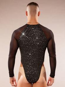 FeverCity Men's Shiny Sexy Versatile Long Sleeve Jumpsuit For Daily Wear - Black - View 2