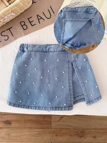 LMoss Kids Váy ngắn denim màu xanh dương đính ngọc trai giả màu trắng dành cho bé gái, thích hợp cho mùa hè, phong cách thường ngày và thời trang đi nghỉ mát, thời trang đường phố, phong cách những năm 2000, chất liệu denim mềm mại và thoải mái. - Rửa nhẹ - Xem 2