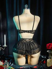 SpicyHot 3pcs Black Lace & Mesh Splice Lingerie Set, Extremely Sexy - Black - View 2