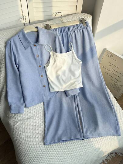 Sparklyn 3pcs Tween Girls Casual Loose Oversized Shirt, Camisole And Wide Leg Pants Set, Versatile For Outings, Daily Wear, Beach Vacation