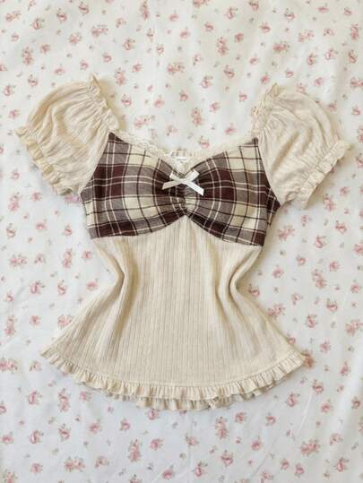 Elamini Women's Casual Textured Lace Patchwork Bow Decor Slim Fit Short Sleeve V-Neck T-Shirt, Summer