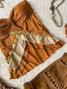 Soleia 女士夏季度假嘉年华派对休闲撞色拼接亮片装饰抹胸上衣棕色无肩带上衣咖啡棕色上衣 - 彩色 - 查看 3