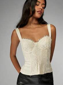 MISSGUIDED Top corset con escote bustier, con delicado ribete de encaje y tirantes anchos para ocasiones de noche - Crema - Ver 6