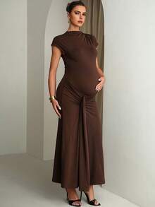 MaterniChic Đầm bầu màu trơn, tay xếp ly, ôm dáng, thanh lịch - màu nâu - Xem 1