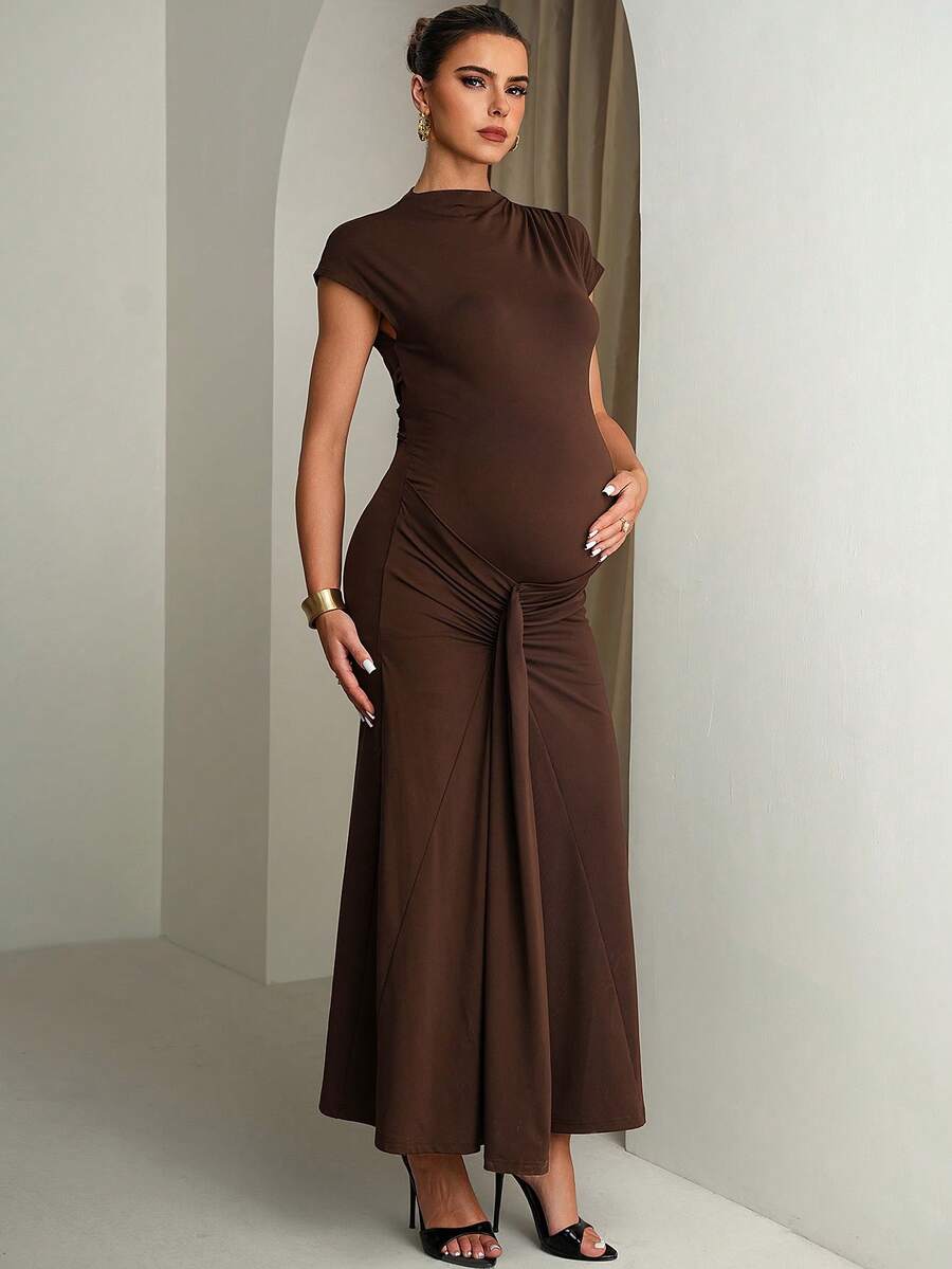 MaterniChic Đầm bầu màu trơn, tay xếp ly, ôm dáng, thanh lịch - màu nâu - Xem 1