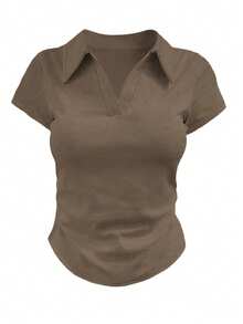 SHEIN LUNE 女士纯色 Polo 领短袖休闲百搭 T 恤 - 彩色 - 查看 3