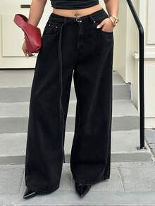Dazy Plus Pantalones vaqueros anchos y sueltos con lavado vintage y decoración de cinturón, pantalones vaqueros largos de talla grande para mujeres - Negro - Ver 8