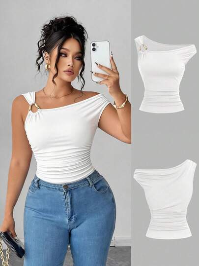 Elenzga 大码不对称领修身T恤，百搭休闲上衣，春夏款