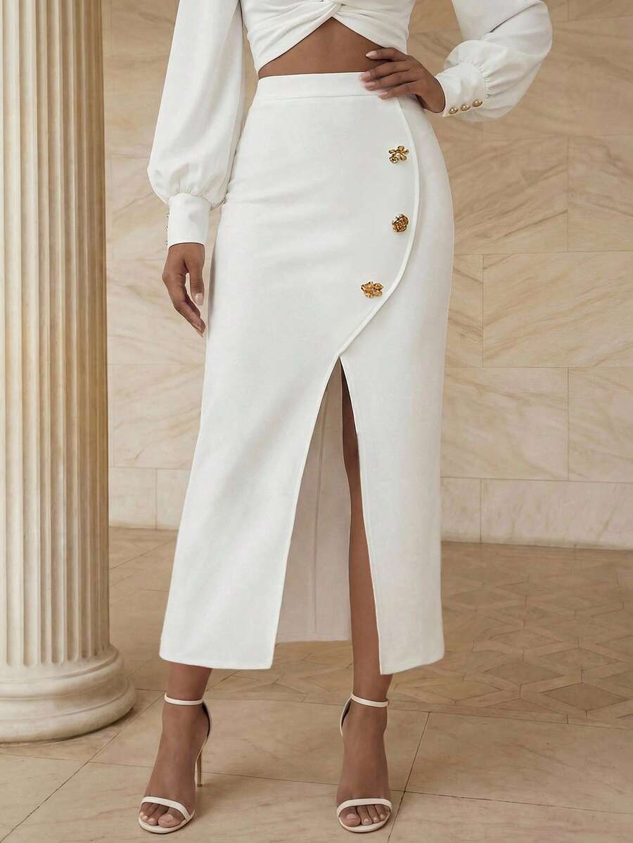 Anewsta 女士花卉纽扣设计开衩下摆优雅半身裙 - 白色 - 查看 1