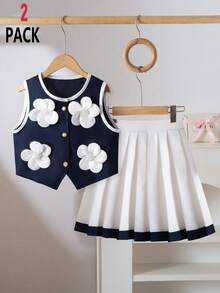 SHEIN Conjunto elegante de verano con top de cárdigan sin mangas con lazo y falda plisada para niñas - Multicolor - Ver 7