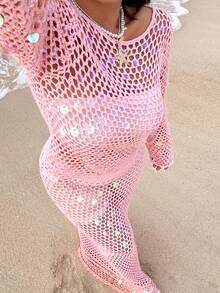GalTyme 大码女式镂空串珠肩部长袖沙滩度假毛衣，性感时尚优雅上衣 - 粉色 - 查看 5