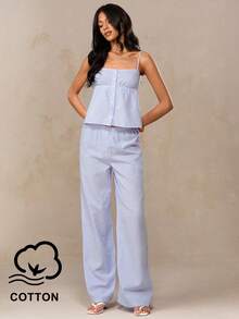 SHEIN BAE Blue & White Striped Casual Commuter Daily Cute Lapel Camisole Top And Low Waist Elastic Waist Striped Wide Leg Pants Set, Suitable For Back To School, Outing, Cute Set, Striped Set, Summer Set, Casual Set, Brunch Set,Blue Two-Piece Set, Vacation Two-Piece Set, Summer Two-Piece Set, Casual Two-Piece Set, Cruise Two-Piece Set, Beach Vacation Two-Piece Set, Blue Striped Two-Piece Set, Holiday Two-Piece Set. - Blue and White - View 6