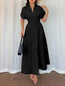Rafferiza 女式休闲衬衫裙，前襟纽扣，插肩袖，收腰设计 - 黑色 - 查看 5