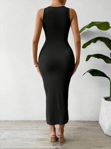 SHEIN ChicEase Summer Casual Elegant Concert Outfit Business Casual Dating Travel Vacation Ruched Waist & Bodycon Slim Fit Round Neck Tank Dress Home Versatile Old Money Style Solid Color Gray Khaki Black Various Color Options Set - Multicolor - View 2