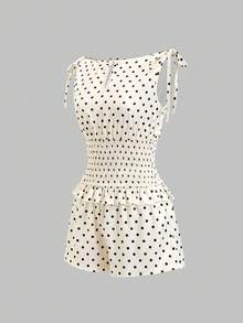 Sweetra Retro Elegant Romantic Sexy Slimming Polka Dot Print Tie Bow Sleeveless Romper - Black and White - View 6