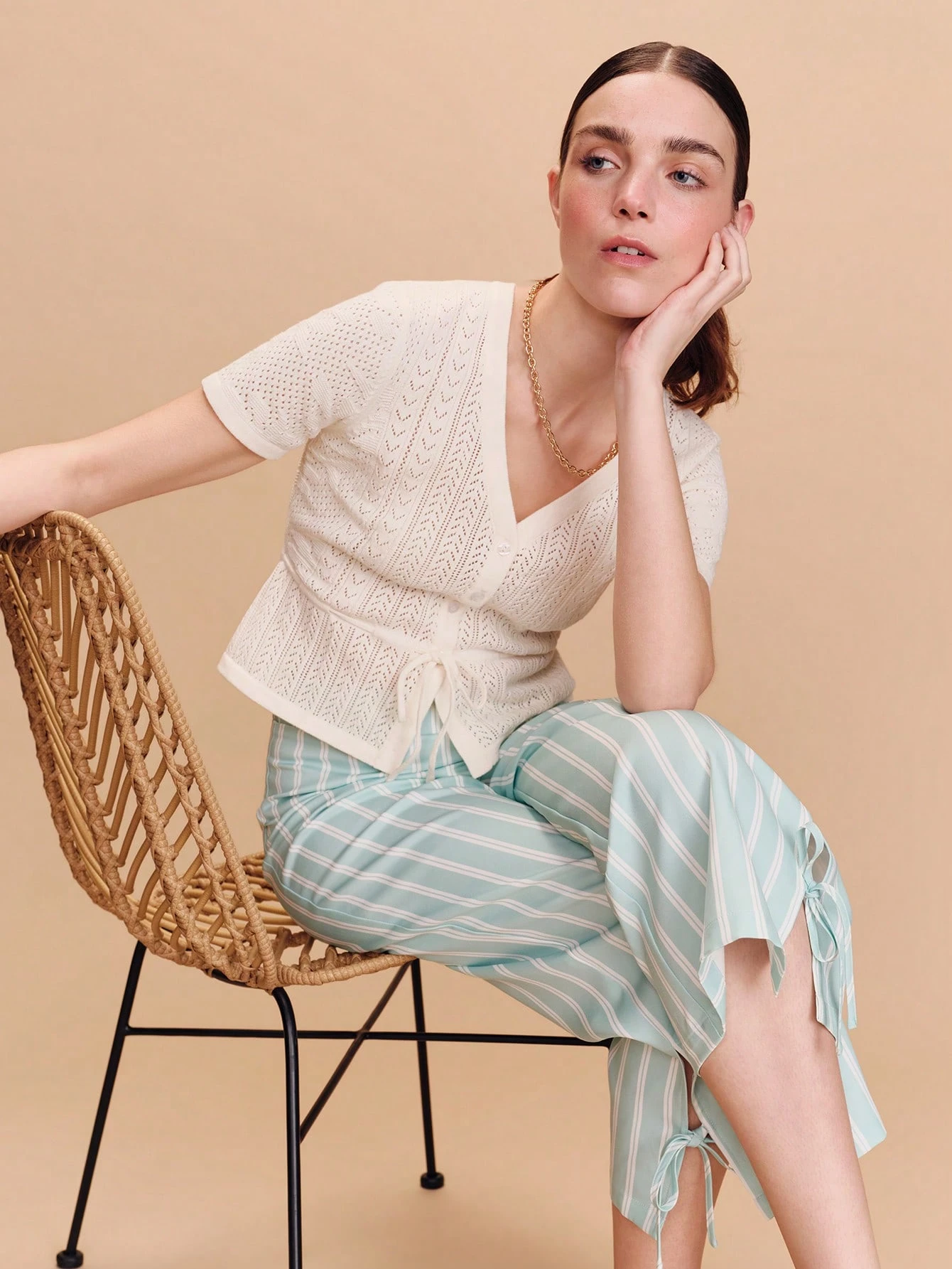 Cream Openwork Knitted Short Sleeve Top With Front Button Opening And Waist Tie Detail Spring Summer Vacation Top Holiday Top Resort Outfit For Women French Style Parisian Style