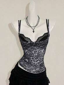SHEIN ICON Women's Gray Leopard Print Sheer Camisole, Paired With Black Lace Spaghetti Strap 2 In 1 Camisole - Grey - View 4