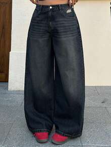 Dazy Plus Jeans de pierna ancha y larga de talla grande con efecto desgastado y lavado - Azul lavado oscuro - Ver 4
