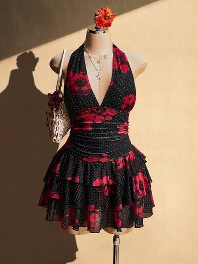 SHEIN ICON Plus Size Polka Dot Floral Halter Neck Ruched Waist Multi-Layered Mesh Dress, Summer Vacation