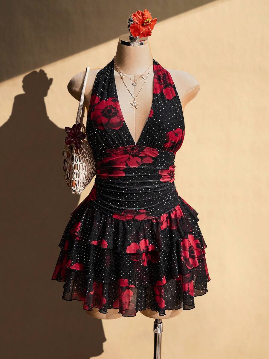 SHEIN ICON 大码波点花卉图案露背褶皱腰身多层网纱连衣裙，夏季度假 - 彩色 - 查看 1