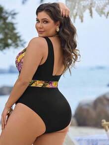 Swim Lushoire Plus Size Vacation Print Color Block One-Piece - Multicolor - View 2