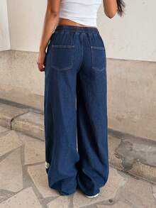 StreetHx 女士时尚休闲百搭刺绣直筒牛仔裤 - 深色水洗藍 - 查看 2