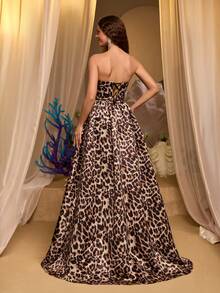 Glamrae Đầm maxi dáng đuôi cá không dây vai, xếp ly, có đuôi dài, sang trọng và tinh tế, được in kỹ thuật số họa tiết da báo, trang trí 3D thủ công. Đầm dạ hội trang trọng dành cho nữ. - Nhiều màu - Xem 4