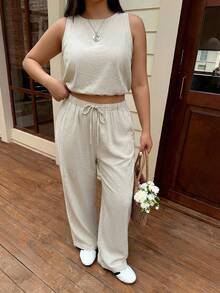 SHEIN EZwear Bộ đồ 2 món dành cho nữ cỡ lớn, màu trơn, cổ tròn, gồm áo tank top và quần dài cạp chun, kiểu dáng thường ngày. - Màu be - Xem 5