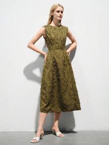 Aveloria Modichic Elegant Urban Commuting Dress, Sophisticated Design, Jacquard Fabric, Fringed, Sleeveless, Round Neck, Waist Cinched, Flared Midi Skirt, Slimming - Green - View 5