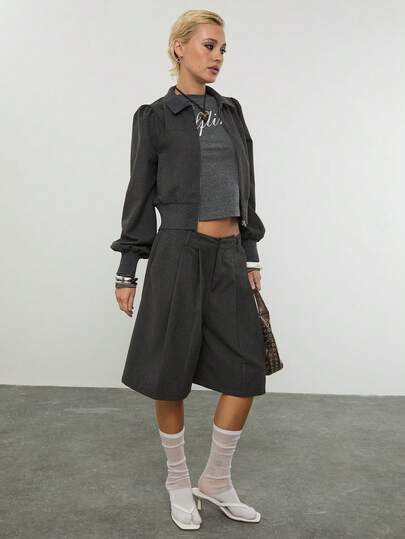 COUREZ 阔腿修身褶裥短裤 / Y2K 春季女装街头风可爱短裤深灰色褶裥短裤外出穿搭夏季穿搭可爱度假短裤夏季假日穿搭