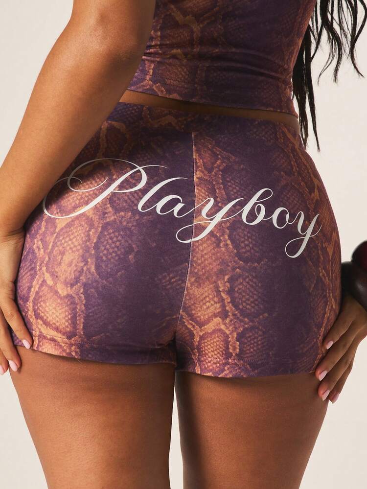 Missguided x Playboy Snake Print Cami Top And Booty Shorts Two Piece Set Cropped Tank With High Rise Mini Shorts Coordinating Matching Outfit Festival Summer Style
