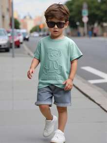 SHEIN Little Byeori 2pcs Kids Boy Casual Versatile Comfortable Round Neck Loose Short Sleeve Knit T-Shirt And Denim Shorts Set,Kids - Mint Green - View 7
