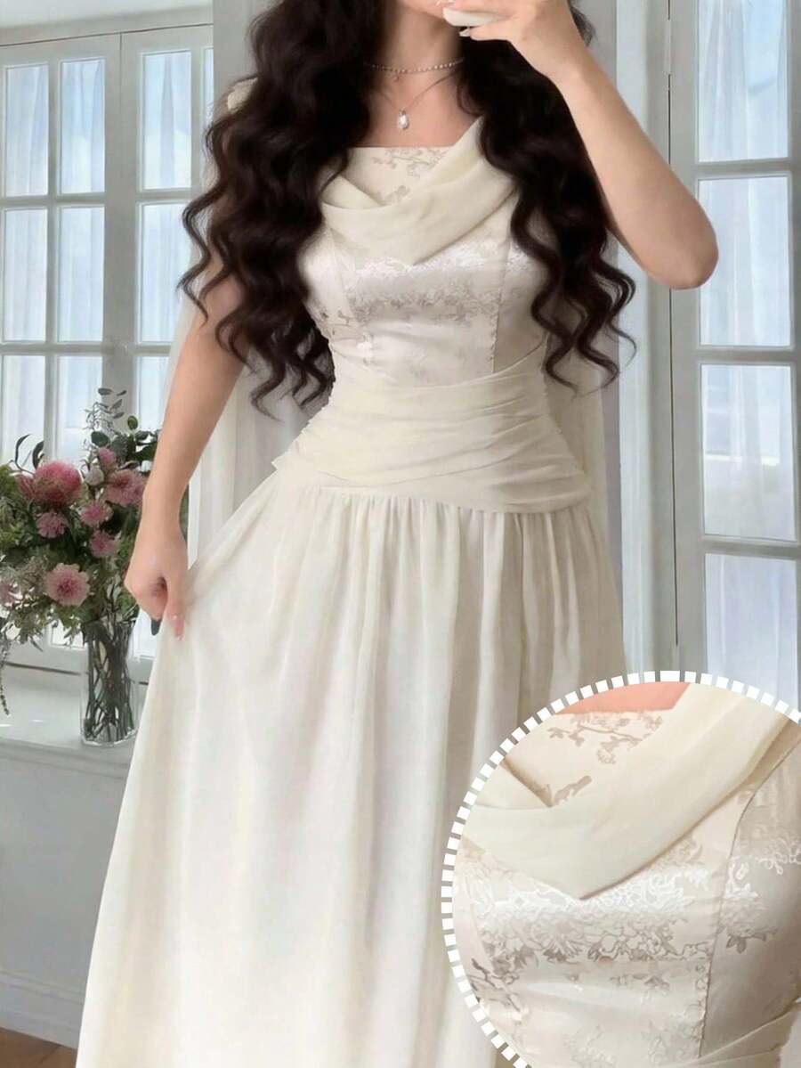 Feyla 新款女士垂褶领提花无袖系带露背拉链收腰优雅连衣裙，适合约会、聚会和日常穿着。 - 米色 - 查看 1