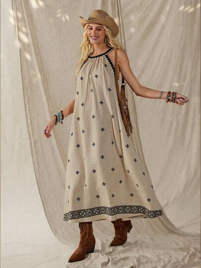 Wildy Casual American Western Vintage Distressed Floral Print Pocket Short Sleeve Mini Dress, Suitable For Spring/Summer Everyday Wear, Commuting