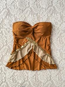 Soleia 女士夏季度假嘉年华派对休闲撞色拼接亮片装饰抹胸上衣棕色无肩带上衣咖啡棕色上衣 - 彩色 - 查看 4