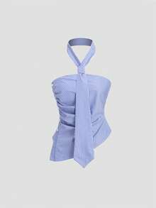 Sweetra Petite 女士条纹褶皱不对称下摆蝴蝶结领吊带背心 - 彩色 - 查看 1