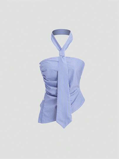 Sweetra Petite Women's Striped Ruched Asymmetric Hem Bow Tie Neck Camisole