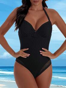 Swim Lushoire ملابس داخلية نسائية بتصميم مثير بربطة عنق وتطريز دانتيل قابلة للإزالة ومبطنة، موضة للربيع والصيف - الأسود - مشاهدة 3