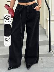 Dazy Plus Pantalones vaqueros anchos y sueltos con lavado vintage y decoración de cinturón, pantalones vaqueros largos de talla grande para mujeres - Negro - Ver 1