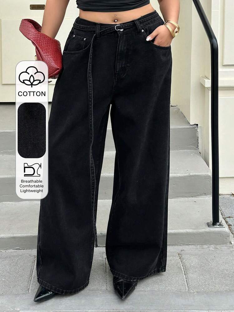 Dazy Plus Fashionable Vintage Washed Loose Wide Leg Jeans With Belt Decor, Plus Size Women Long Denim Pants