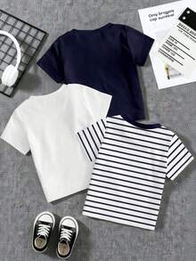 Tween Boy Casual Minimalist, College Style, All-Match, Little Horse Logo, Classic Striped Crew Neck Short Sleeve T-Shirt, Loose Comfortable Sporty, Suitable For Spring And Summer Boys Clothes Youth Boys Clothes Boys T Shirt Set Kids Clothes - Multicolor - View 2