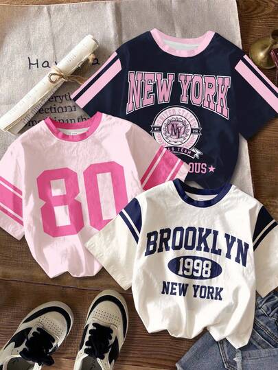 3pcs/Set Tween Girl Vintage Sports College Style Navy Blue And White,Light Pink Casual Short Sleeve Graphic T-Shirts,Summer,School,Back-To-School