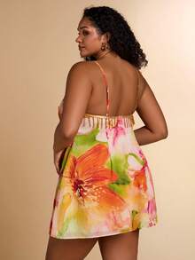 SHEIN BAE Plus Size Women Floral Print Spaghetti Strap Vacation Dress,Beige Crystal Tassel Print Sundress,Short A-Line Dress,Summer Holiday Vacation Holiday - Multicolor - View 2