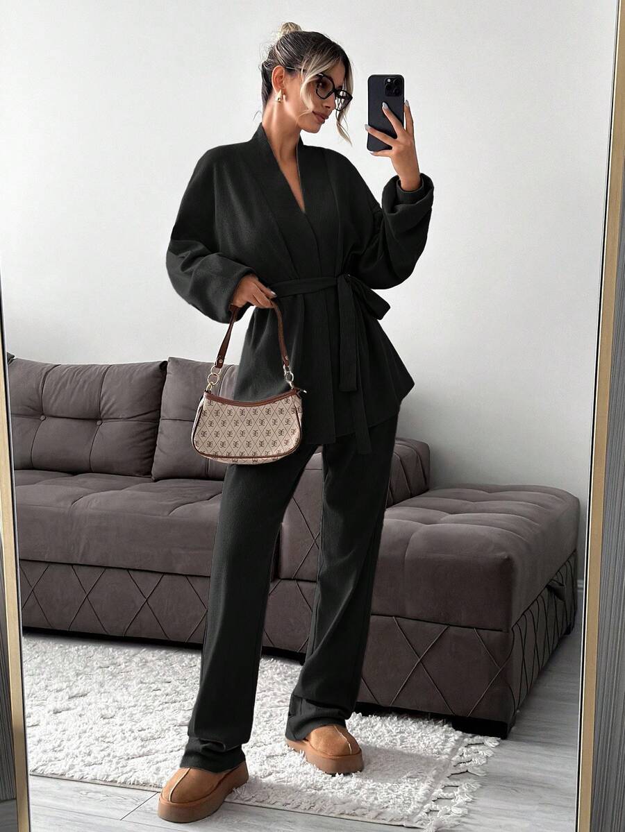 SHEIN 高身長棉質落肩肩帶腰帶開襟衫與長褲套裝 - 黑色 - 查看 1