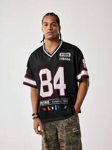 Tetris™ X SHEIN Men's Letter & Number Print V-Neck Casual Short Sleeve T-Shirt, Summer - Black - View 8